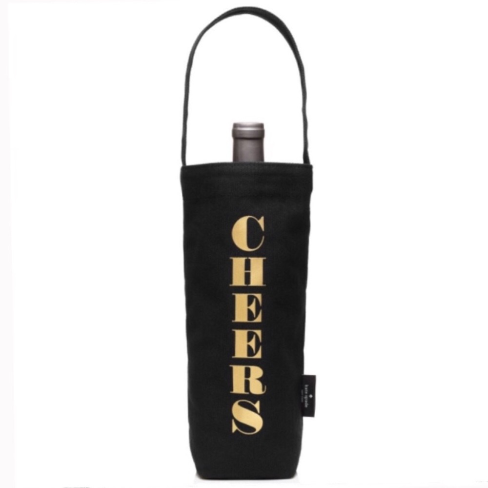 NWT KATE SPADE NEW YORK CHEERS WINE TOTE REUSABLE CANVAS GIFT BAG BLACK GOLD OS